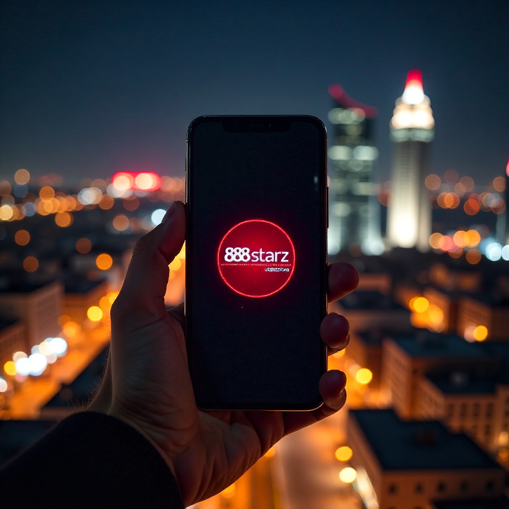 A hand holding a luxury smartphone displaying the official 888starz Uzbekistan app with a sleek red and black interface, background is the Tashkent City skyline with the Hilton and Nest One towers at night, vibrant golden and red bokeh lights, 3D golden c